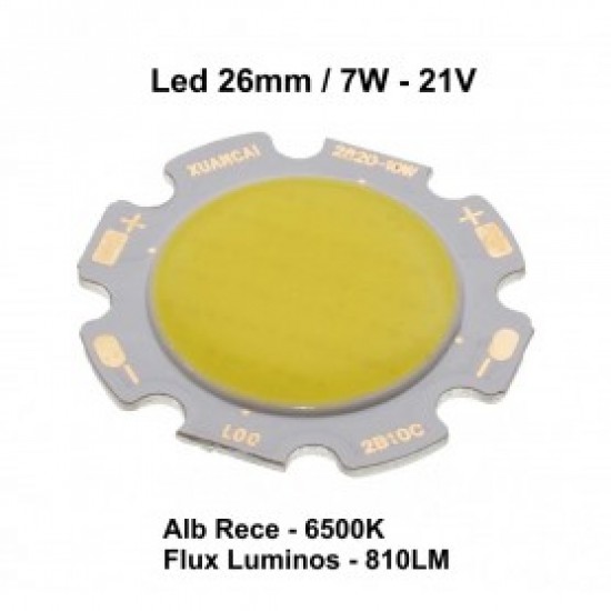 Led Cob 7W, 26mm, 6000 - 6500K / Alb-rece